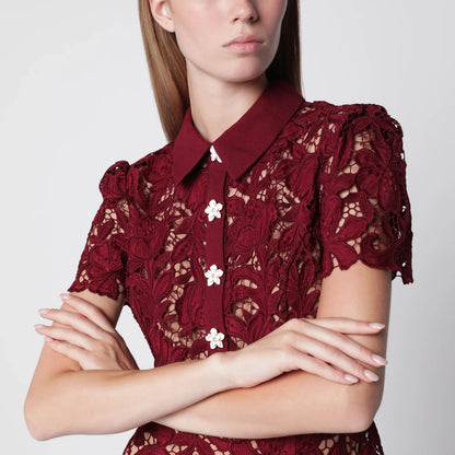 Self-Portrait SELF PORTRAIT Lace mini dress with floral buttons in burgundy