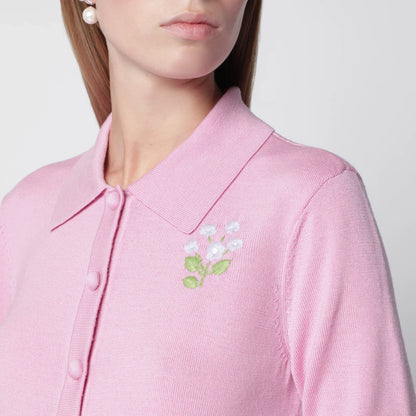 Self-Portrait SELF PORTRAIT Wool knit cardigan with floral embroidery in pink