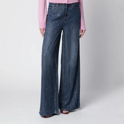 Self-Portrait SELF PORTRAIT Wide-leg denim jeans with rhinestone stripes in blue