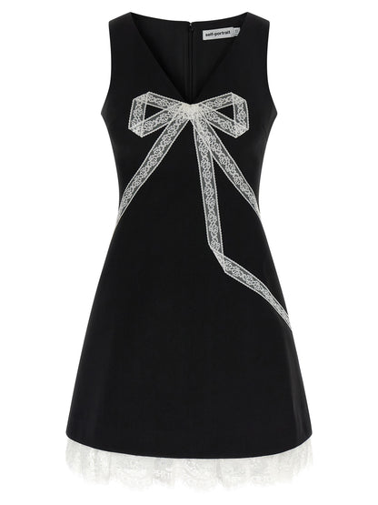Self-Portrait Black Crêpe Bow Lace Mini Dress