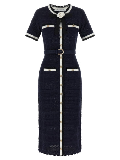 Self-Portrait Navy Pointelle Knit Midi Dress