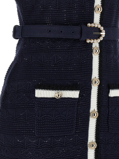 Self-Portrait Navy Pointelle Knit Midi Dress