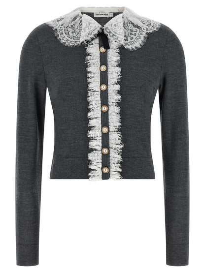 Self-Portrait Grey Lace Collar Knit Cardigan