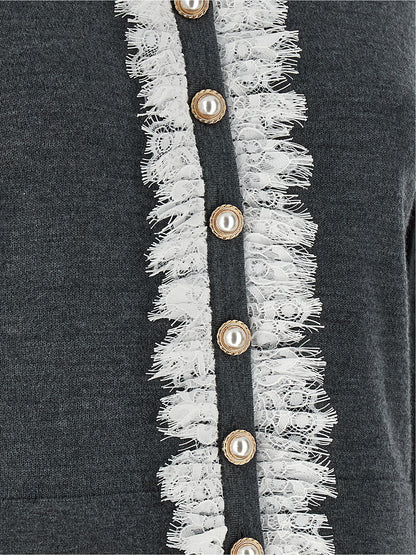 Self-Portrait Grey Lace Collar Knit Cardigan
