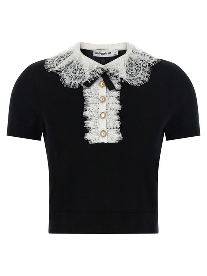 Self-Portrait Black Knit Lace Collar Top