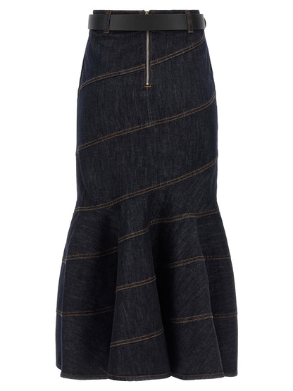 Self-Portrait Indigo Denim Belted Midi Skirt