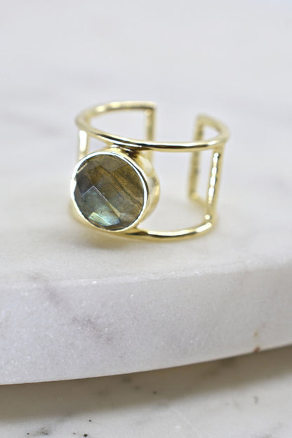 Labradorite Stone with Hollow Wide Band Ring