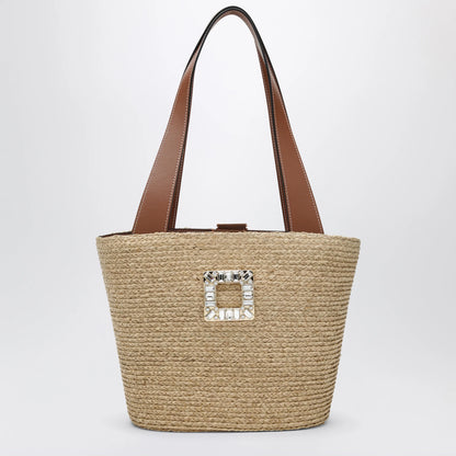 ROGER VIVIER Viv' Skate Shopping Bag in Beige/Cognac Raffia