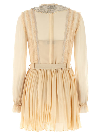 Self-Portrait Tan Pleated Georgette Mini Dress