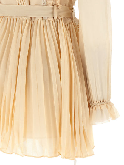 Self-Portrait Tan Pleated Georgette Mini Dress