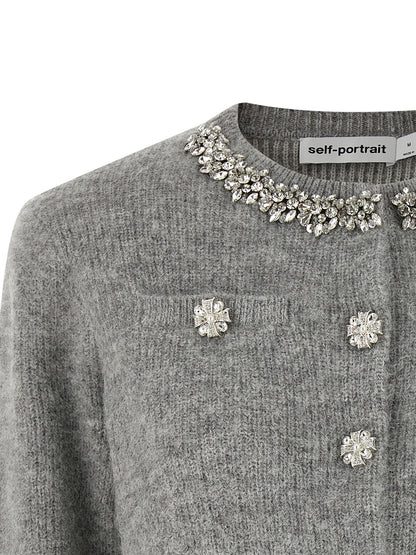 Self-Portrait Grey Fluffy Crystal Trim Cardigan