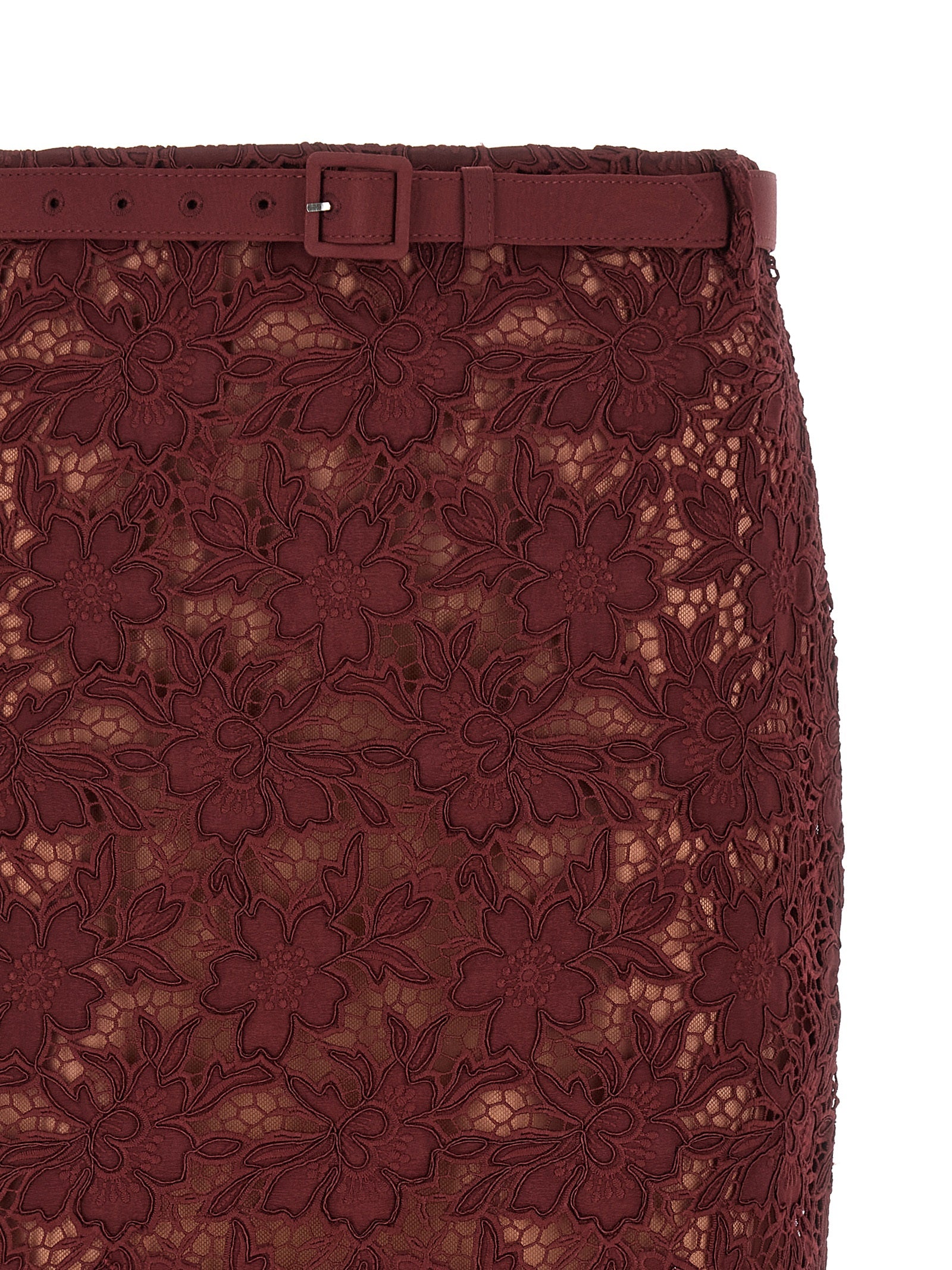 Self-Portrait Burgundy Guipure Lace Midi Skirt