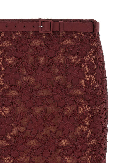 Self-Portrait Burgundy Guipure Lace Midi Skirt