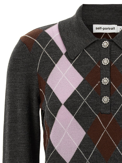 Self-Portrait Grey Argyle Lightweight Sweater