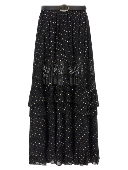 Self-Portrait Black And Gold Chiffon Lace Maxi Skirt