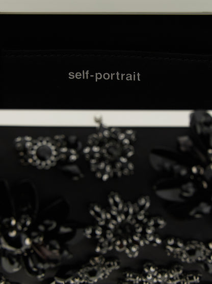 Self-Portrait Black Satin Floral Crystal Clutch