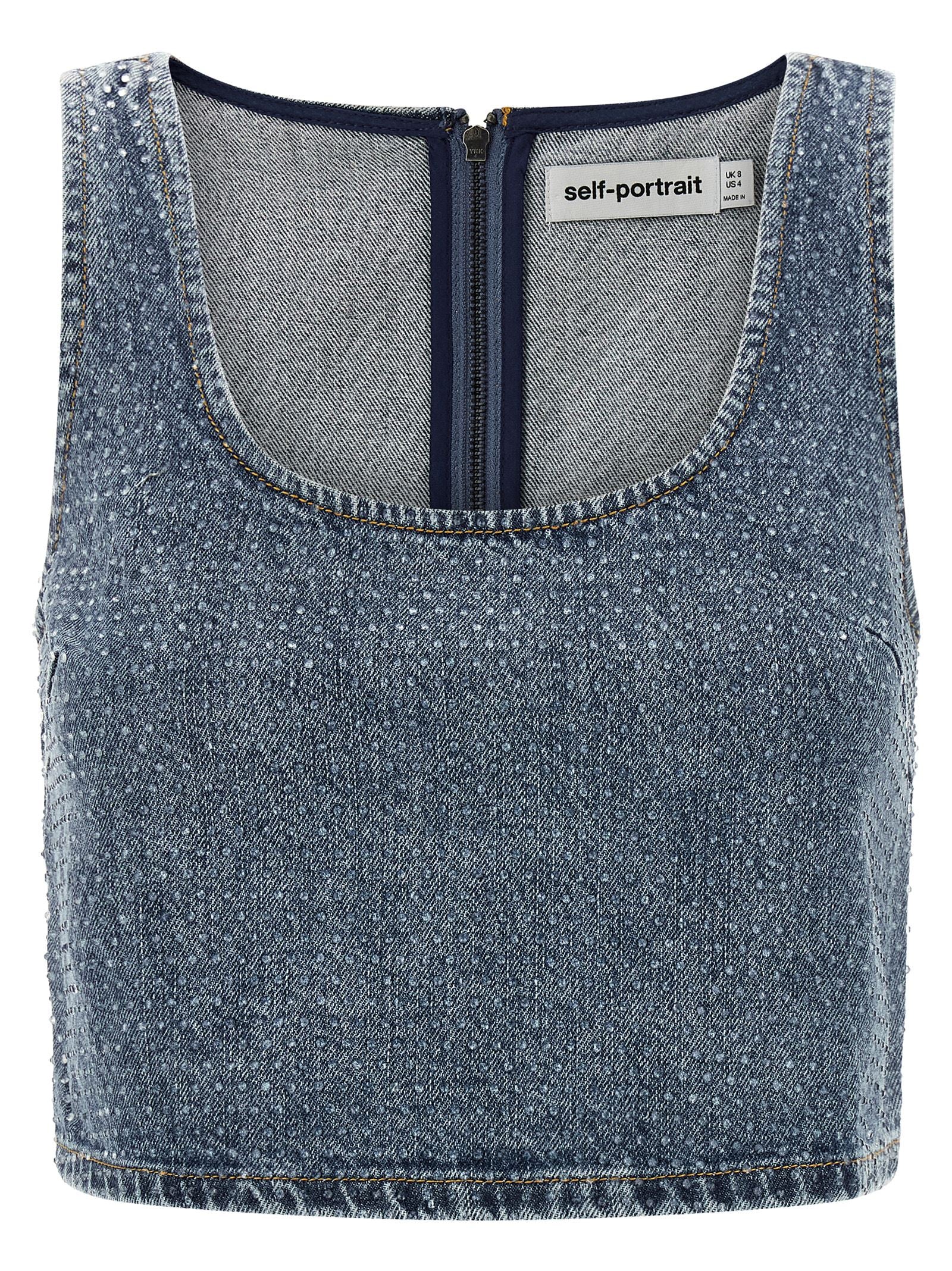 Self-Portrait Rhinestone Denim Crop Top