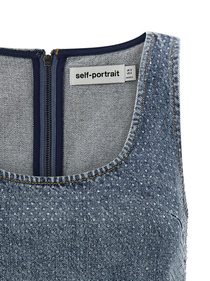 Self-Portrait Rhinestone Denim Crop Top