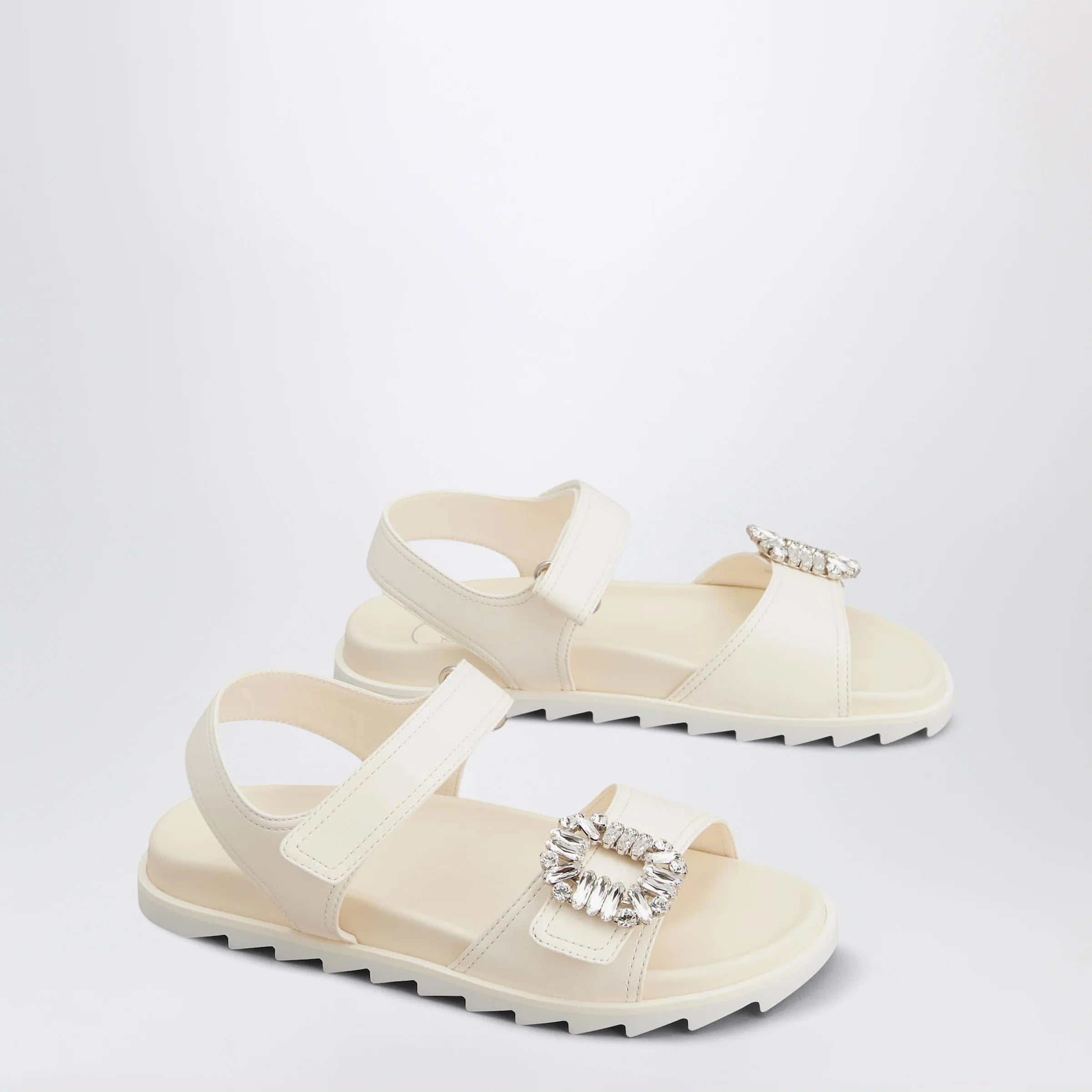 ROGER VIVIER Ivory leather sandals with crystal buckle