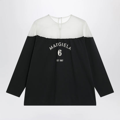 MM6 Maison Margiela Black top with logo print and sheer insert