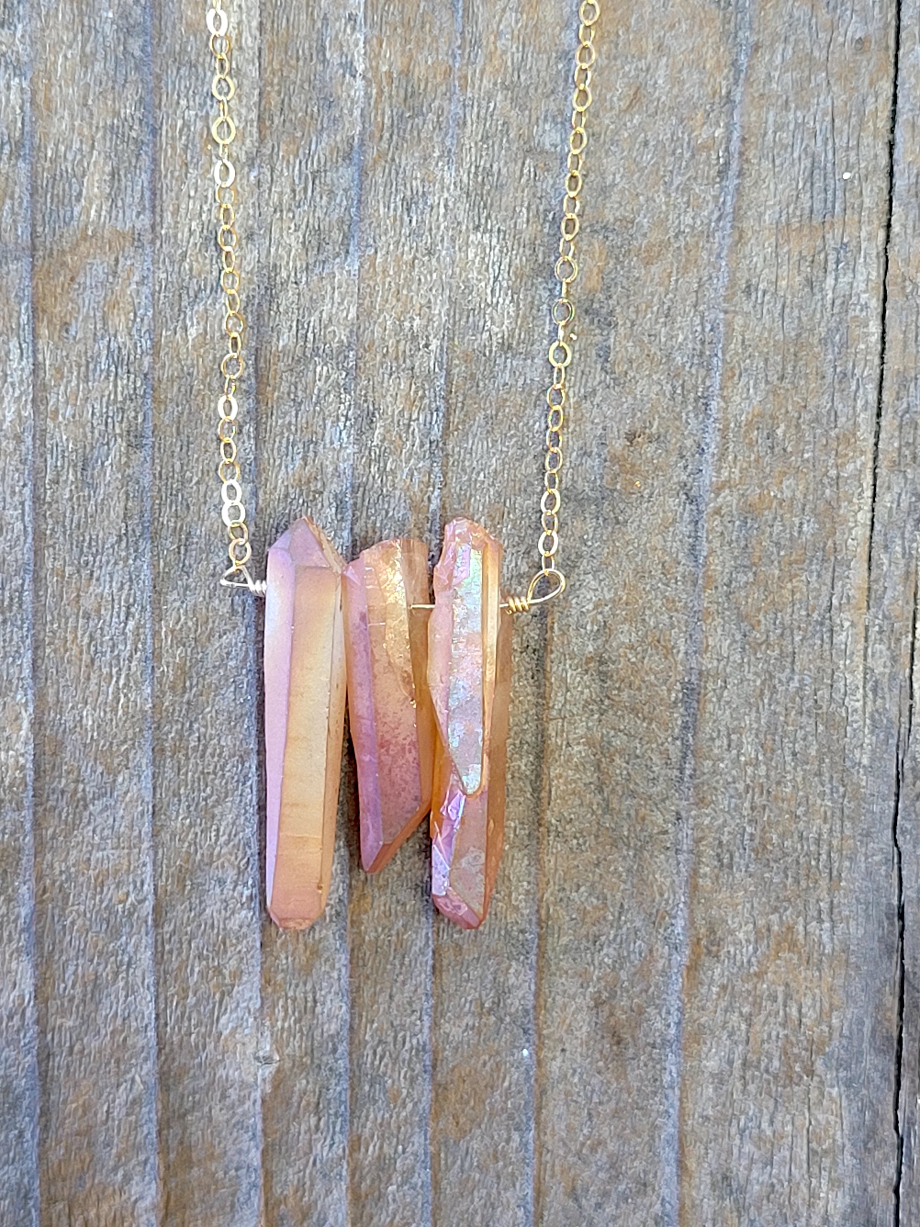 Three Raw Peach Quartz Crystal Pendant Necklace in Gold