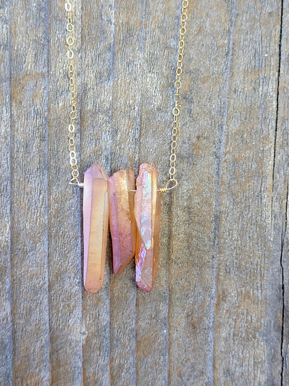 Three Raw Peach Quartz Crystal Pendant Necklace in Gold