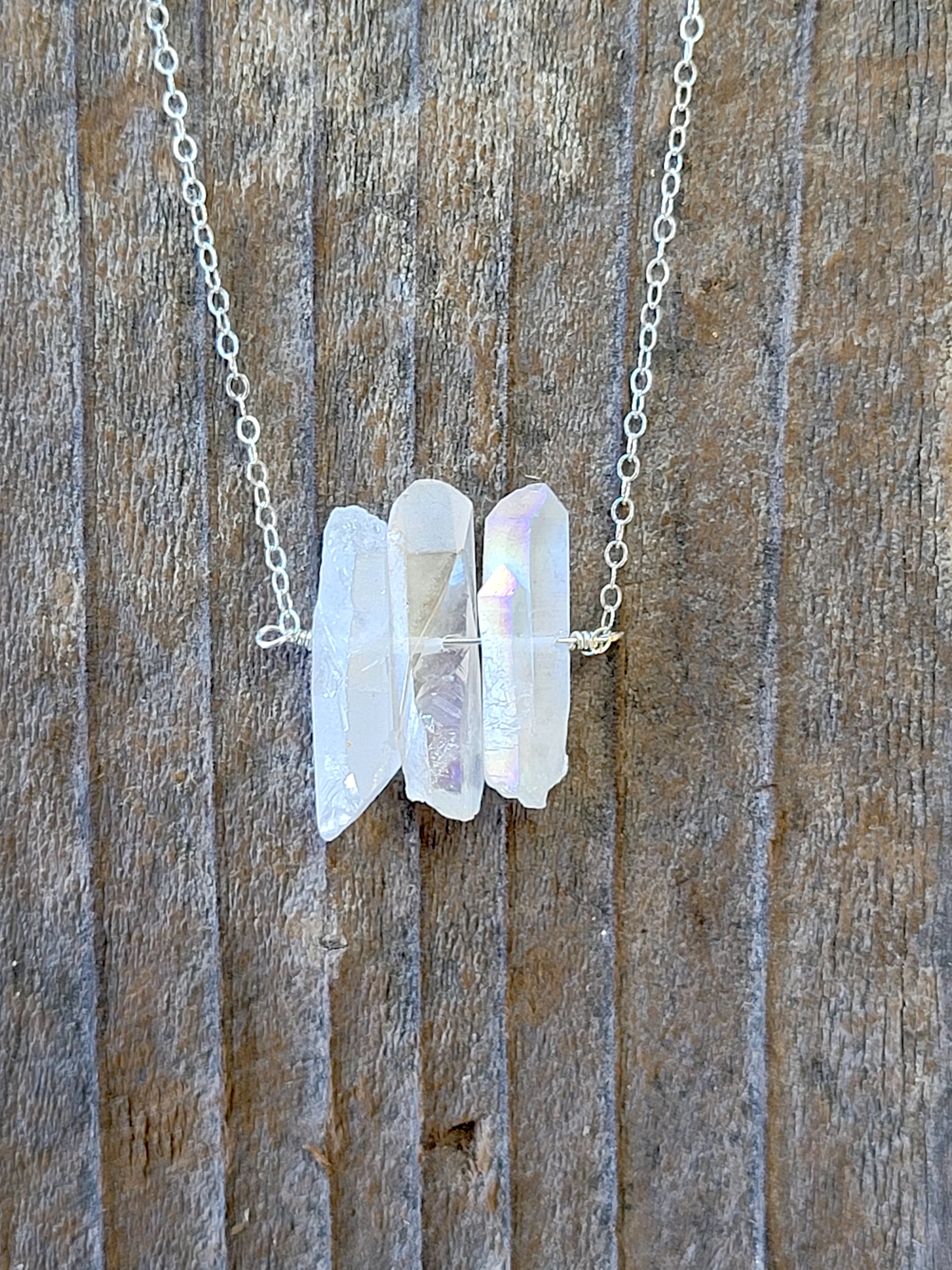 Three Raw Rainbow Quartz Crystal Pendant Necklace in Silver