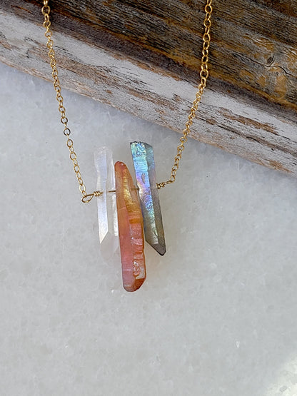 Three Raw Quartz Crystal Pendant Necklace with Mystic Grey, Rainbow and Peach Quartz in Gold