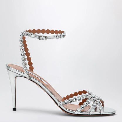 Aquazzura Tequila silver sandals in metallic leather with crystals