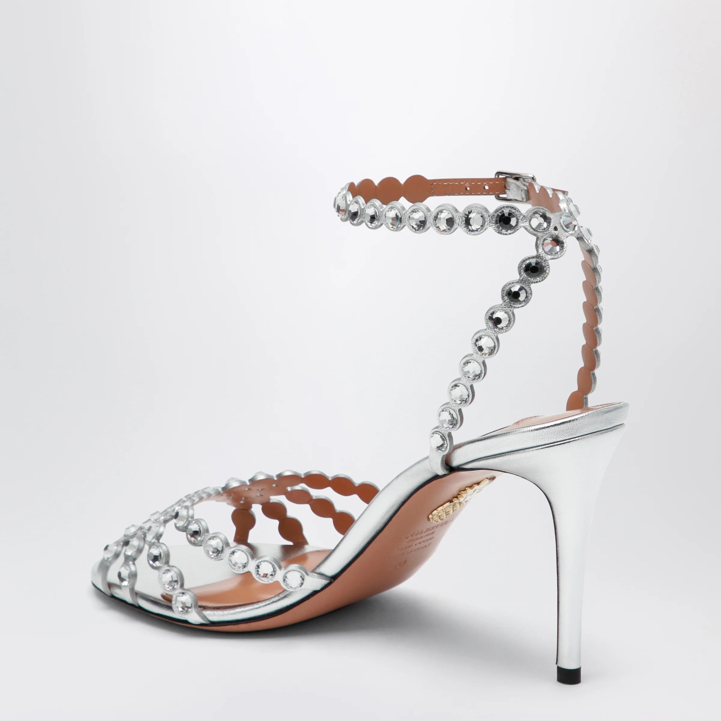 Aquazzura Tequila silver sandals in metallic leather with crystals