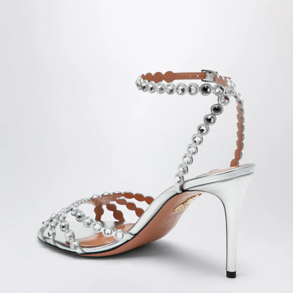 Aquazzura Tequila silver sandals in metallic leather with crystals