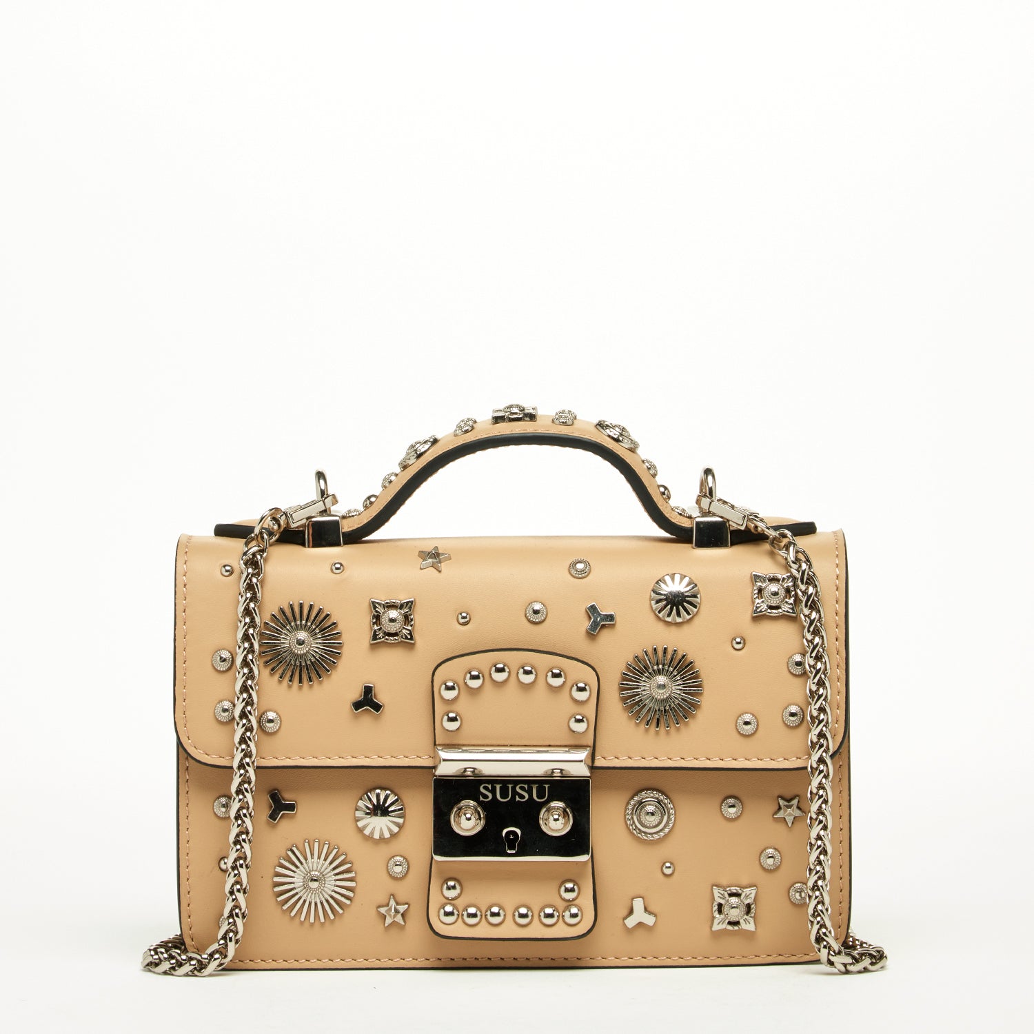 The Hollywood Leather Crossbody Studded Bag Beige