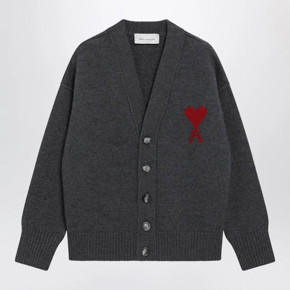 Ami Paris Ami De Coeur cardigan in grey mélange merino wool knit