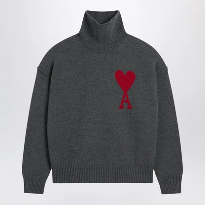 Ami Paris Ami De Coeur sweater in grey mélange merino wool knit
